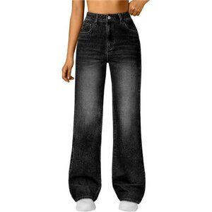 Women Wide Straight Leg High Waisted Jeans black